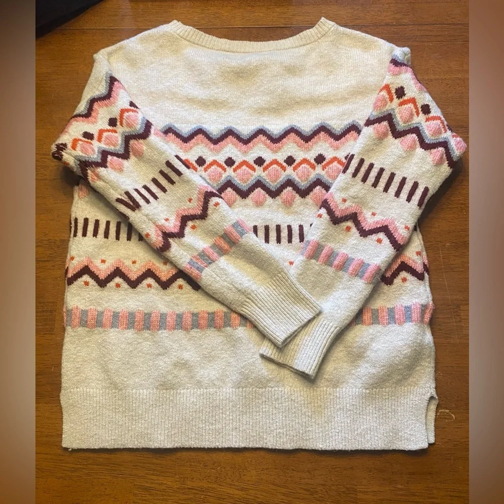 LOFT Wool Blend Fair Isle Cream Sweater with Pink and Brown Patterns Size S